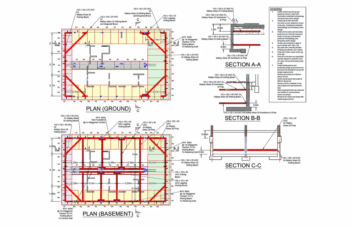 Temporary support design to basement retaining wall, Donne Place, London