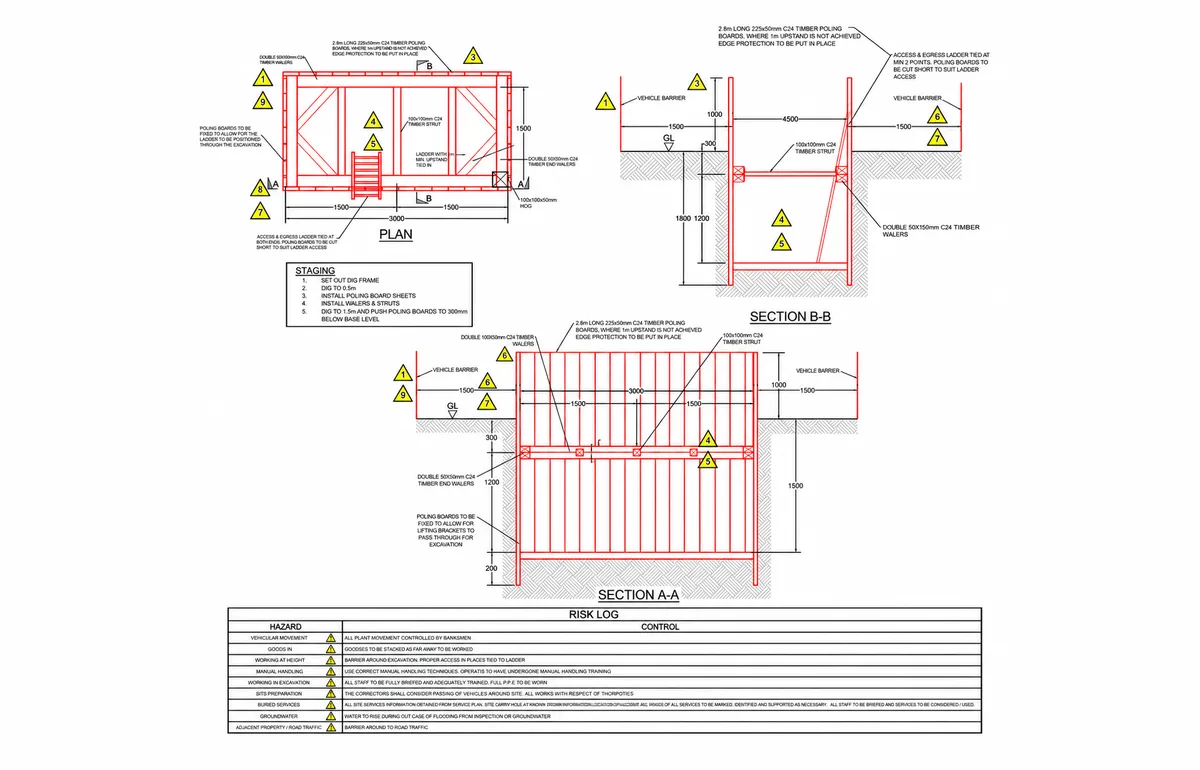 Timber shoring design for excavation, A124 Maxwell Road